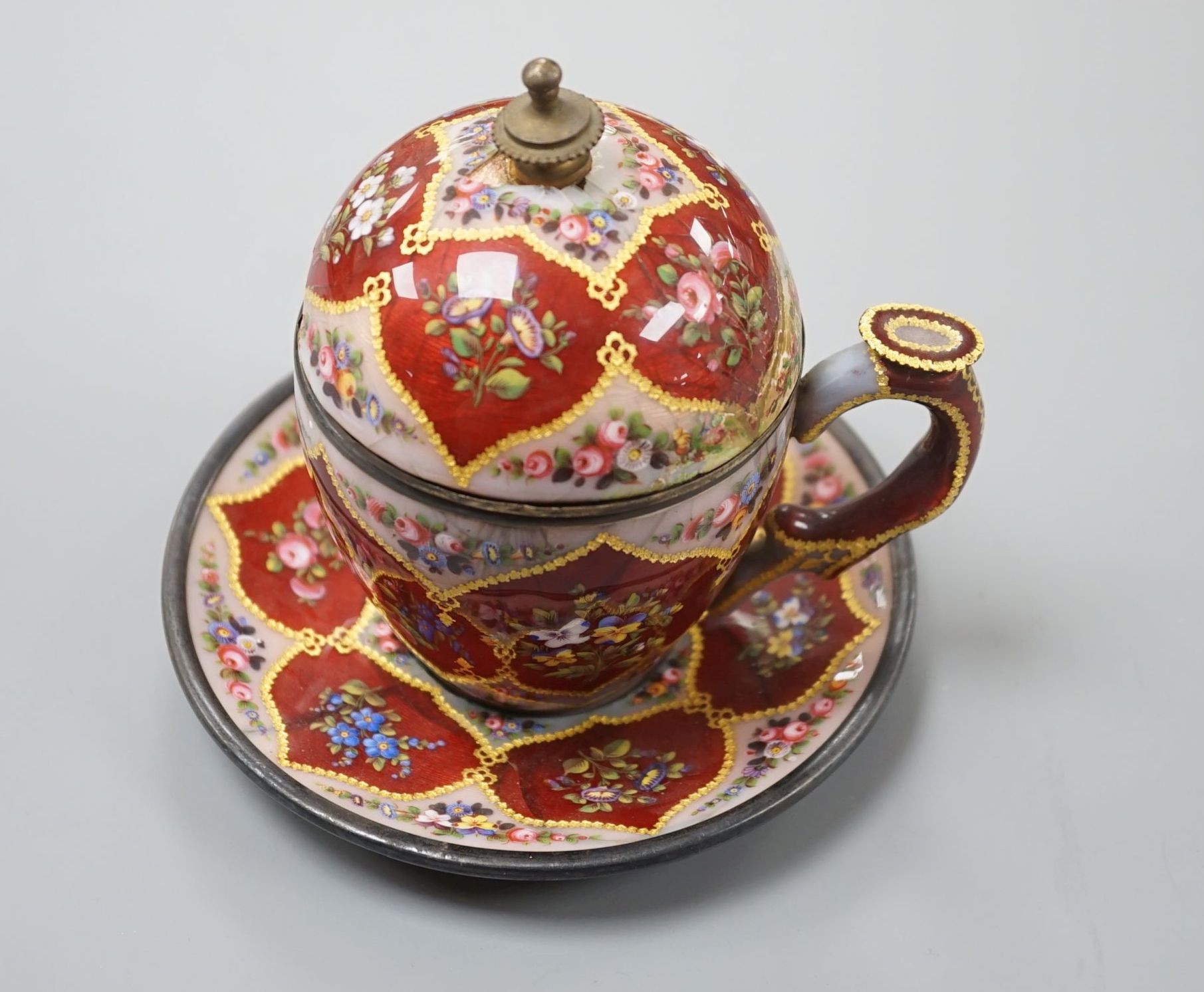 A 19th century Swiss white metal and enamel jam or sugar pot, cover and stand, made for the Ottoman market, 12.5 cms high.